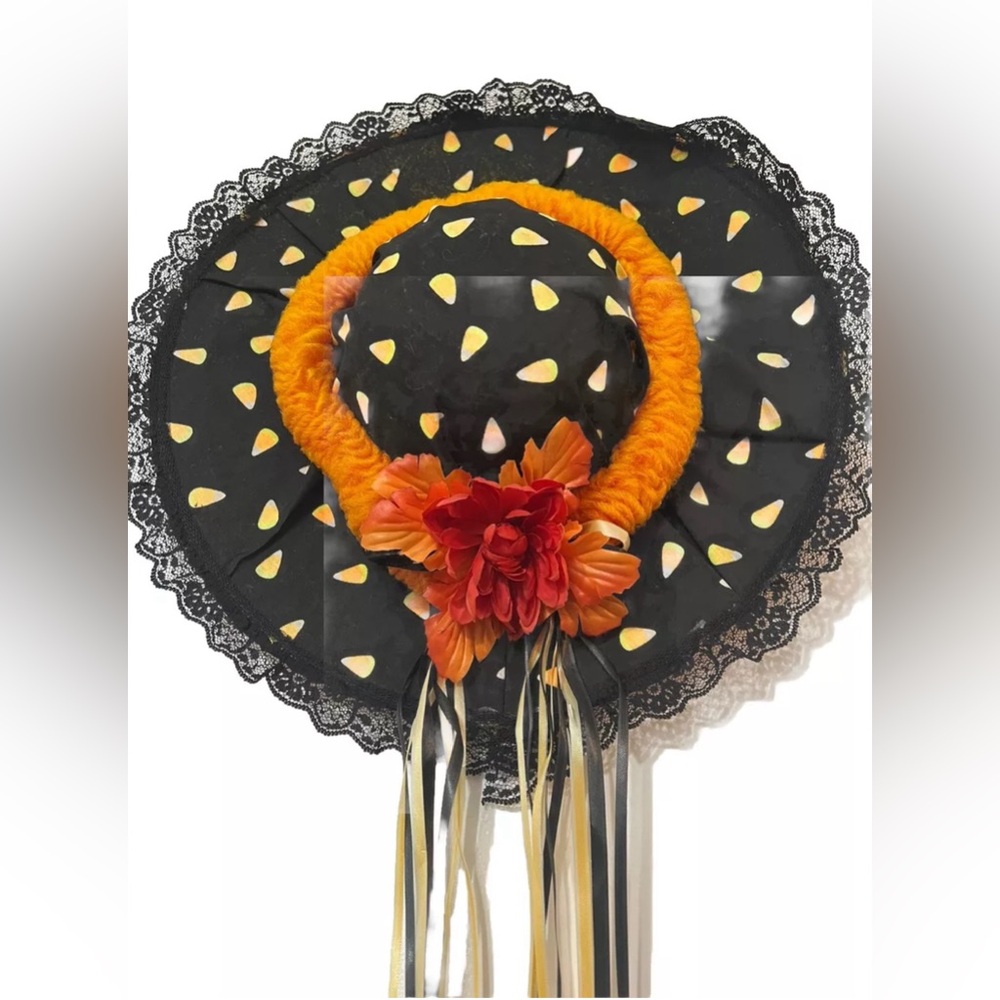 90s Vintage Hanging Halloween Straw Hat Decor Ribbon Candy Corn Fall Cottagecore